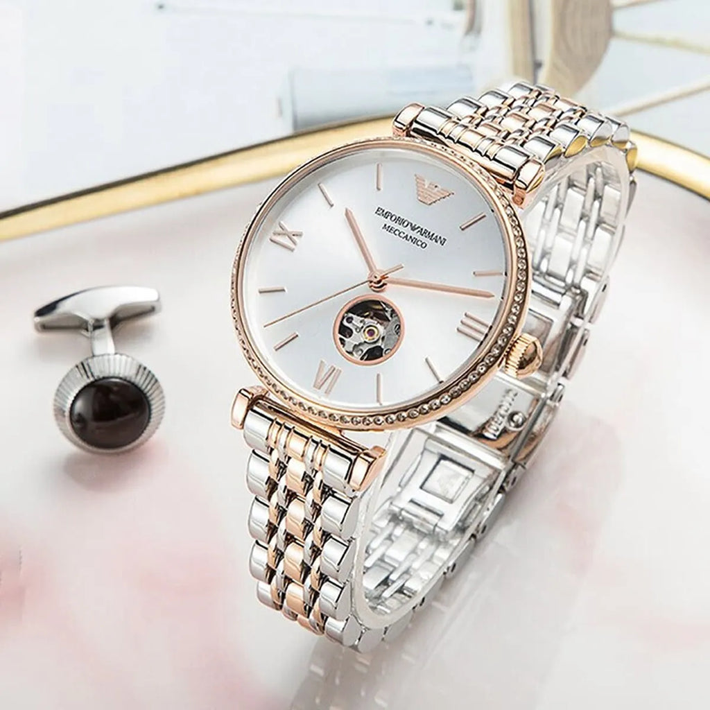 Emporio Armani Gianni T-Bar Analog White Dial Two Tone Steel Strap Watch For Women - AR60019