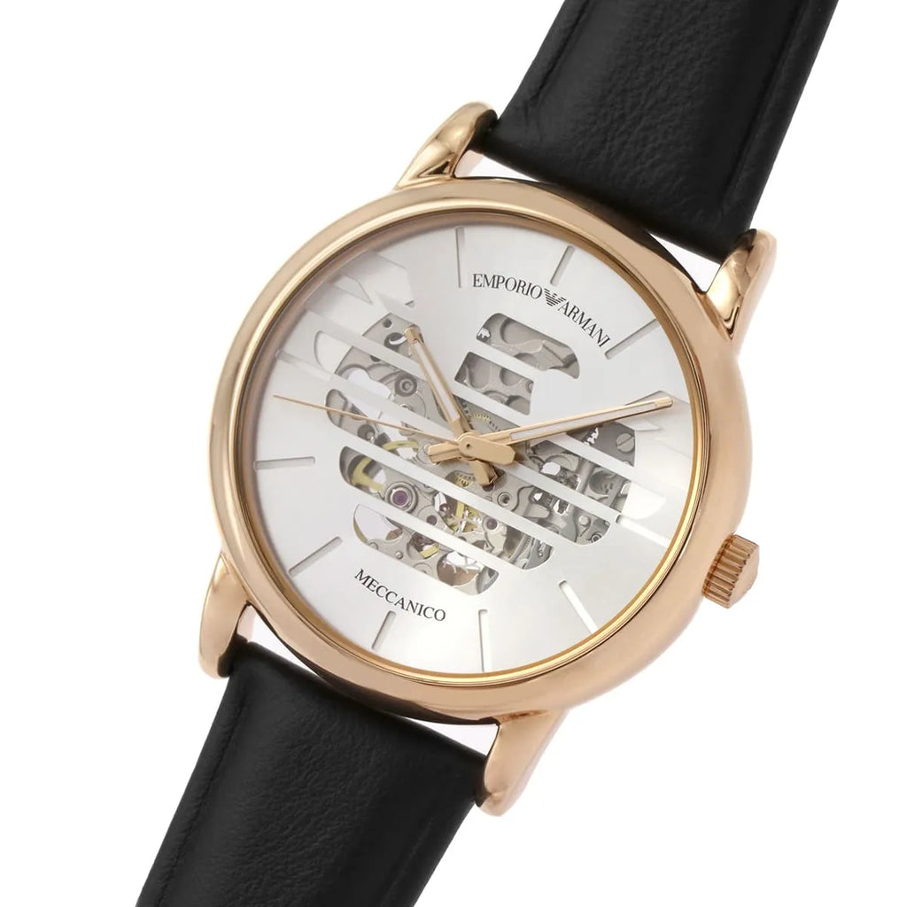 Emporio Armani Meccanico Skeleton Silver Dial Black Leather Strap Watch For Men - AR60031