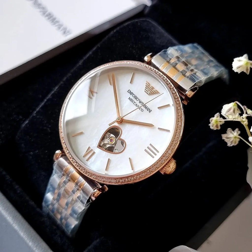 Emporio Armani Meccanico Automatic Mother of Pearl Dial Two Tone Steel Strap Watch For Women - AR60049
