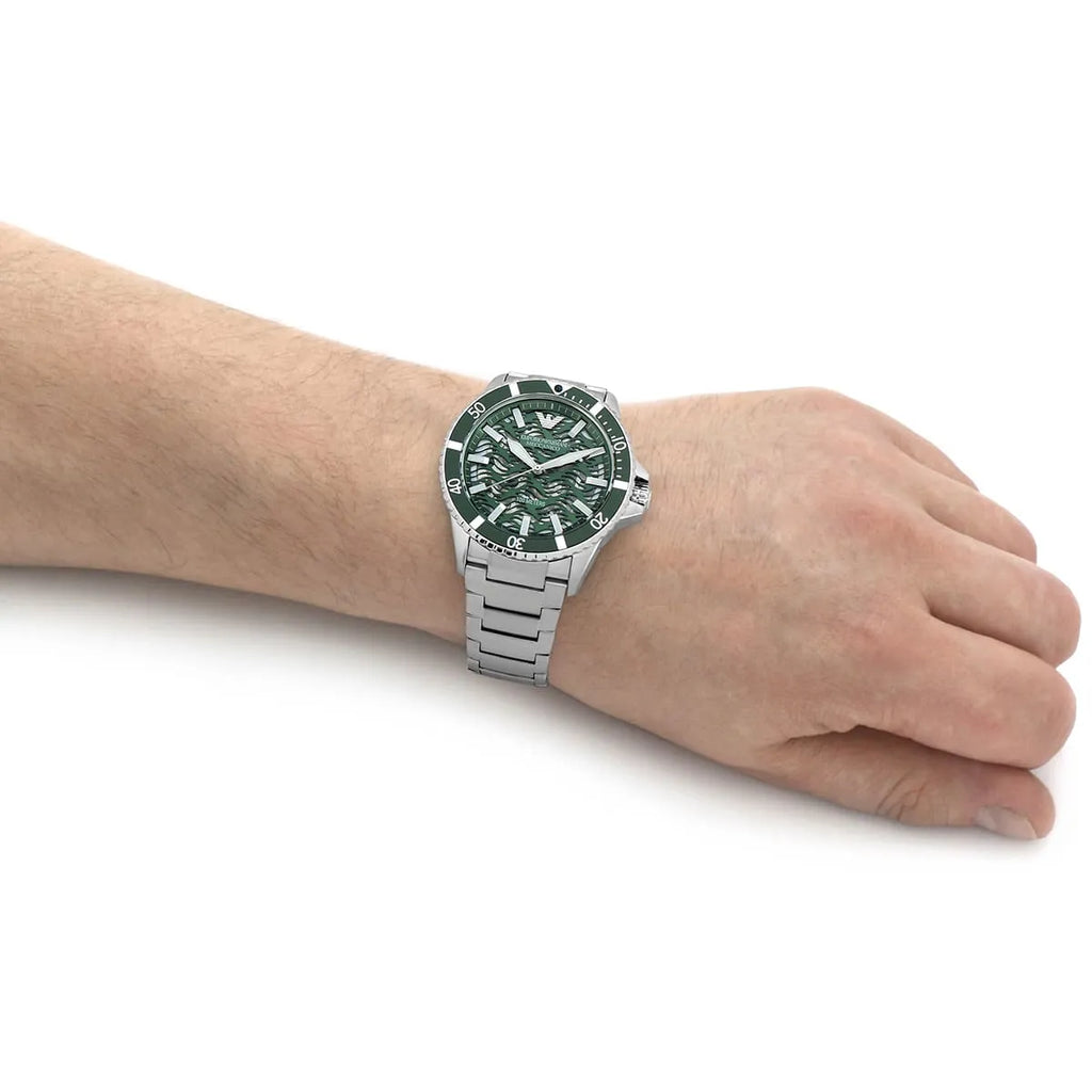 Emporio Armani Diver Automatic Green Dial Silver Steel Strap Watch For Men - AR60061