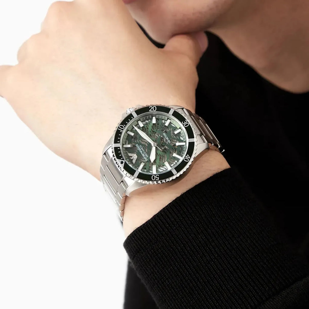 Emporio Armani Diver Automatic Green Dial Silver Steel Strap Watch For Men - AR60061