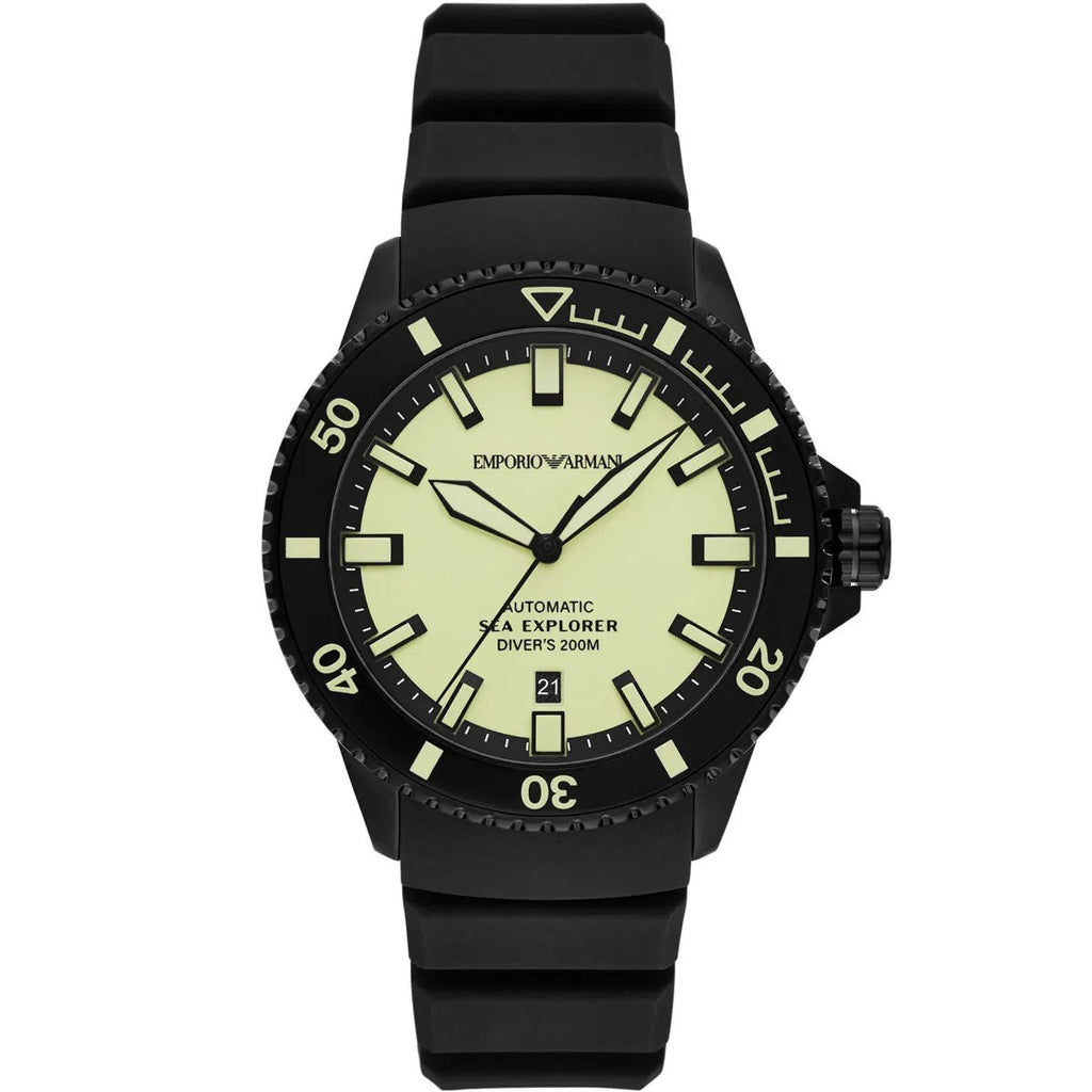 Emporio Armani Sea Explorer Automatic Yellow Dial Black Silicone Strap Watch For Men - AR60085