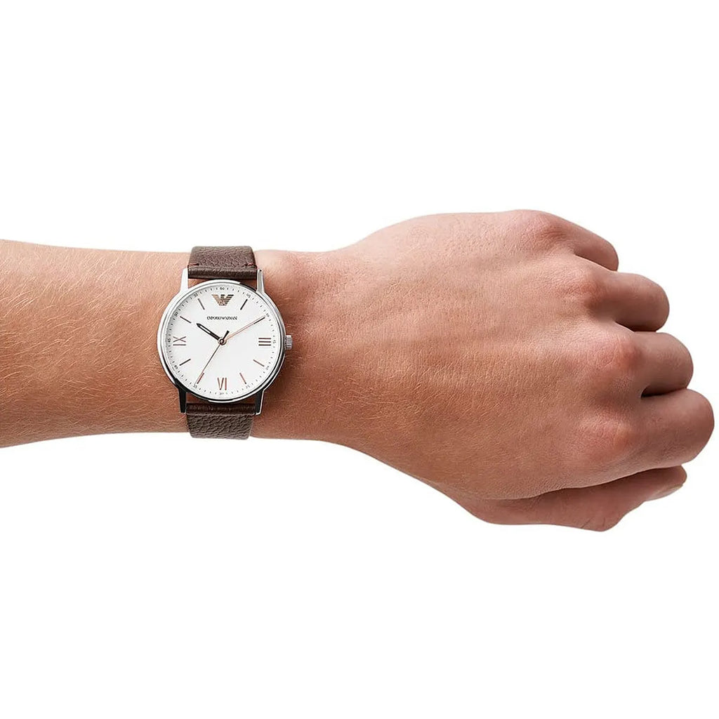 Emporio Armani Kappa Quartz White Dial Brown Leather Strap Watch For Men - AR80006