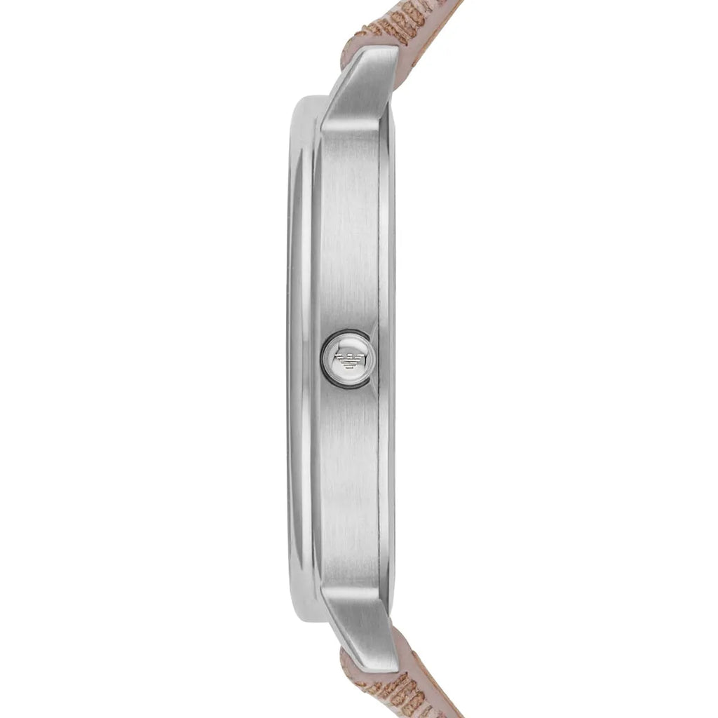 Emporio Armani Gianni T Bar Quartz Silver Dial Beige Leather Strap Watch For Women - AR80007