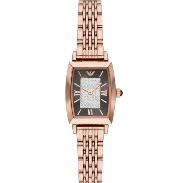 Emporio Armani Gianni T-Bar Analog Crystal Brown Dial Rose Gold Steel Strap Watch For Women - AR11407