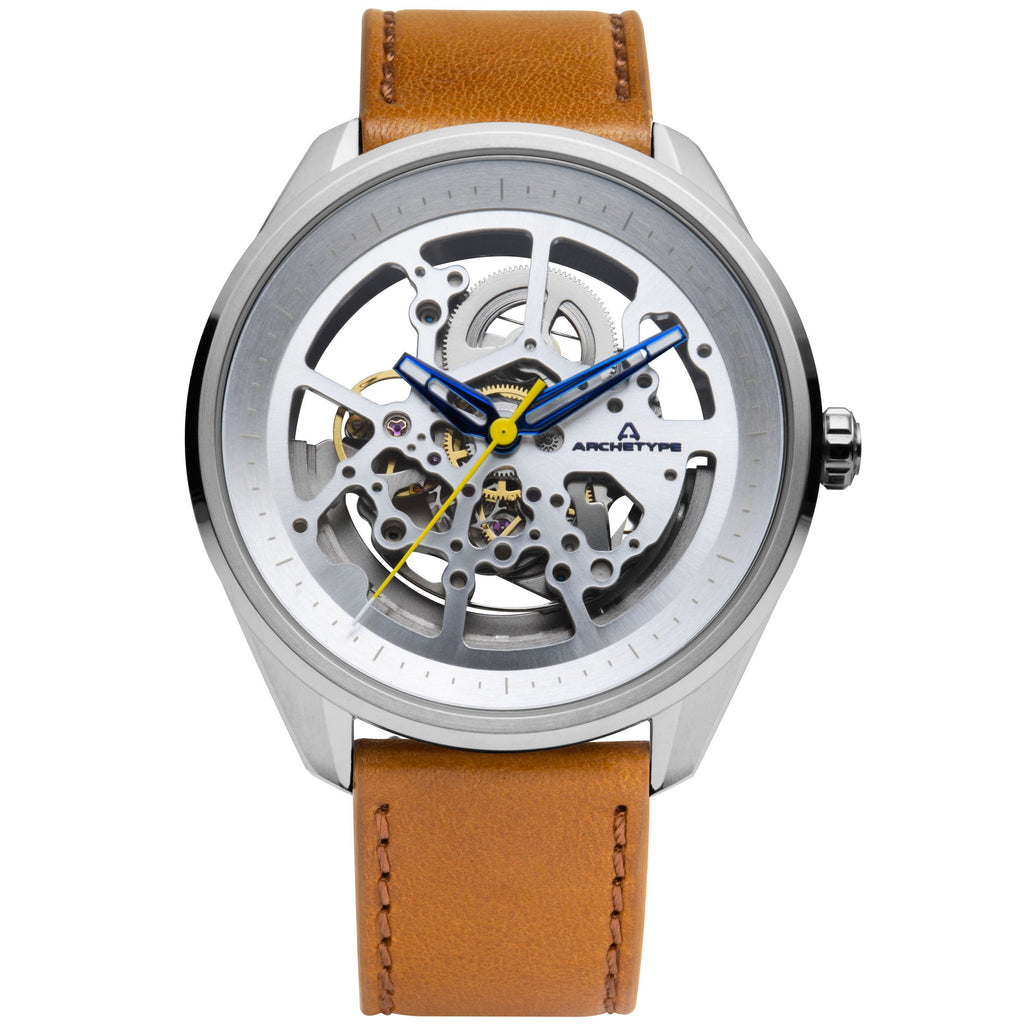 Fossil Boyfriend Automatic Skeleton Silver Dial Brown Leather Strap Watch for Women - ME3109