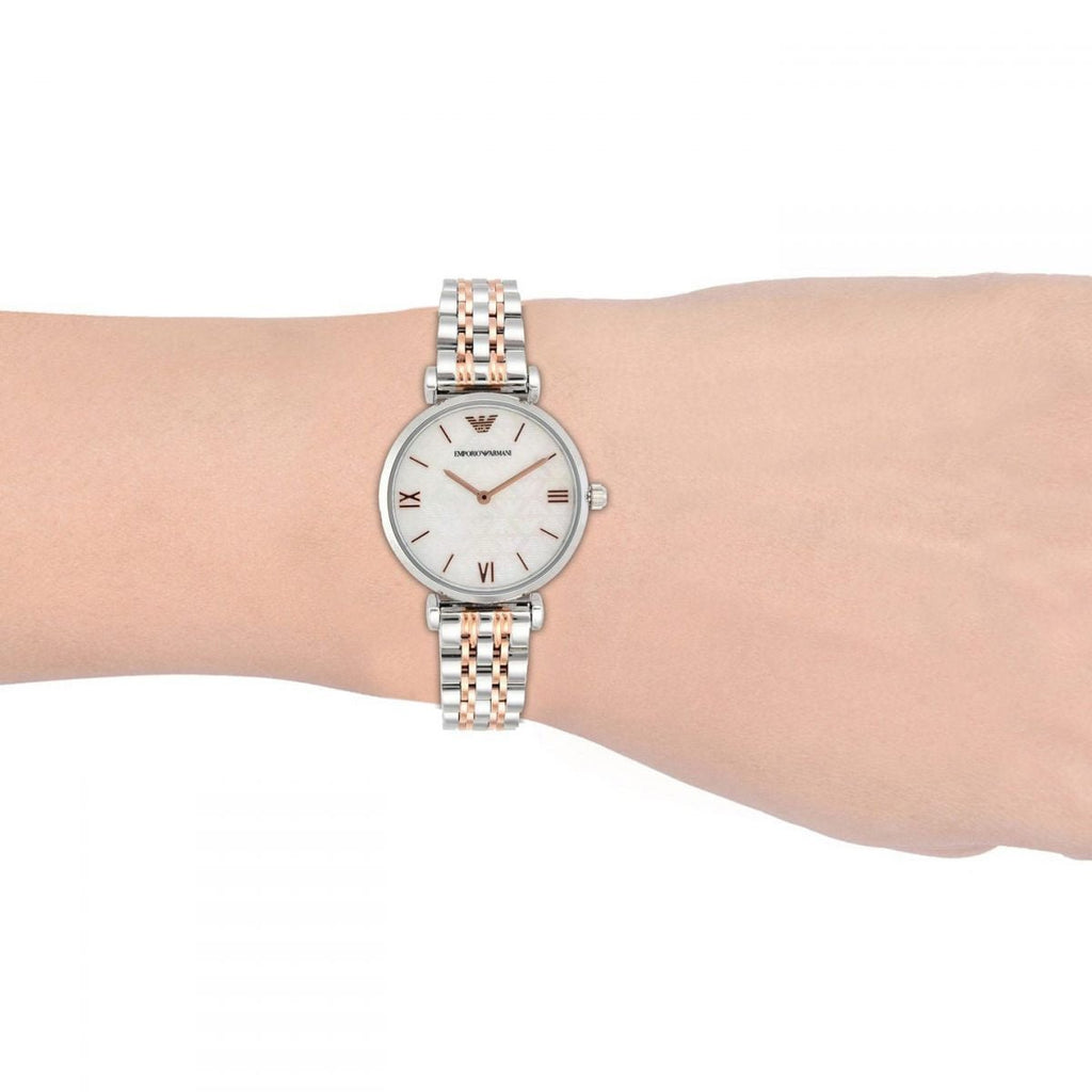 Emporio Armani Gianni T-Bar Mother of Pearl Dial Two Tone Steel Strap Watch For Women - AR1987