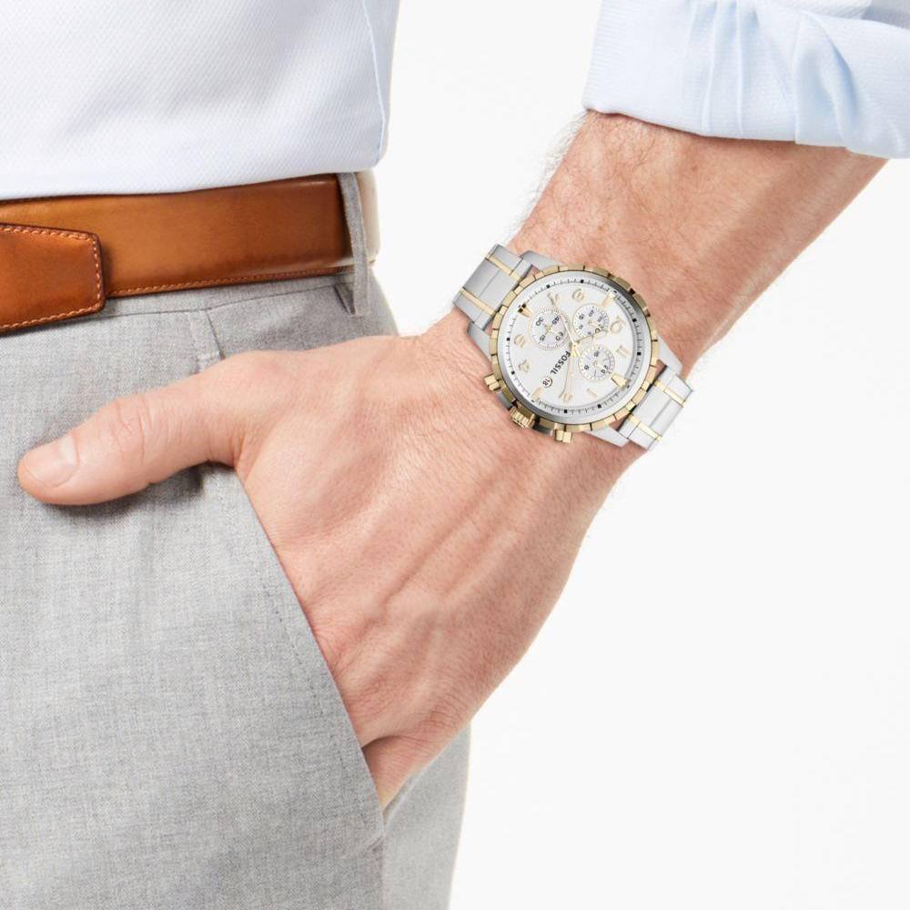 Fossil Dean Chronograph White Dial Silver Steel Strap Watch for Men - FS4795