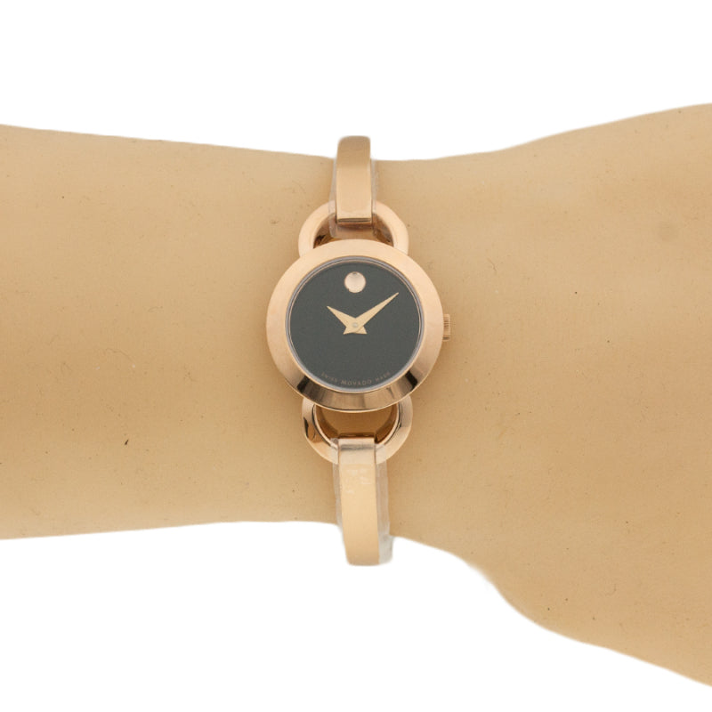 Movado Rondiro 22mm Black Dial Rose Gold Steel Strap Watch For Women - 0607065