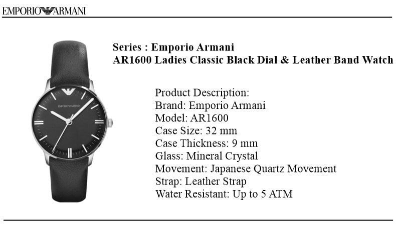 Emporio Armani Classic Quartz Black Dial Black Leather Strap Watch For Women - AR1600