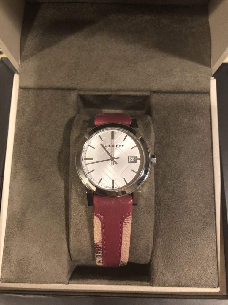 Burberry The City White Dial Haymarket Pink Leather Strap Watch for Women - BU9149