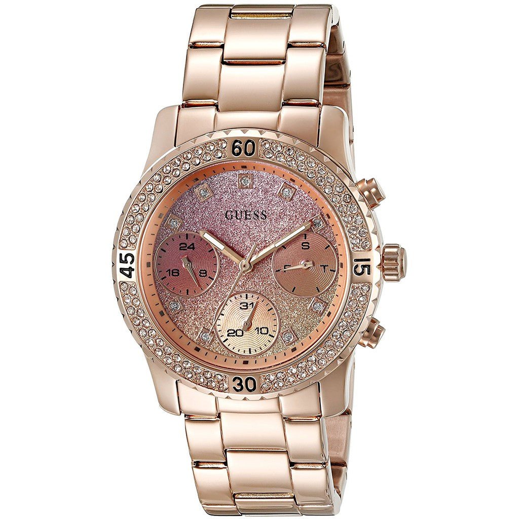 Guess Confetti Pink Dial Rose Gold Steel Strap Watch For Women - W0774L3
