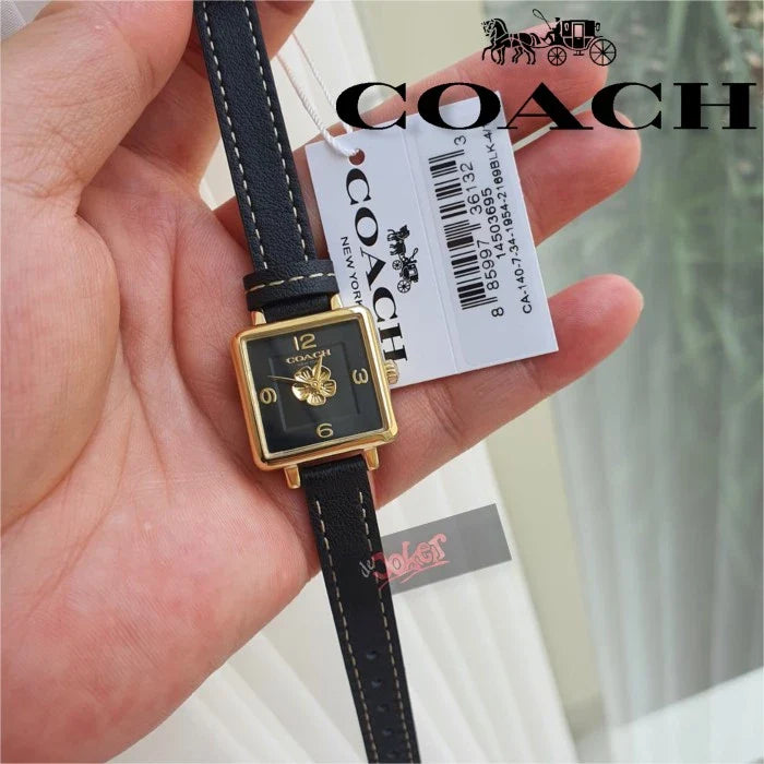 Coach Black Square Dial Black Leather Strap Watch for Women - 14503695