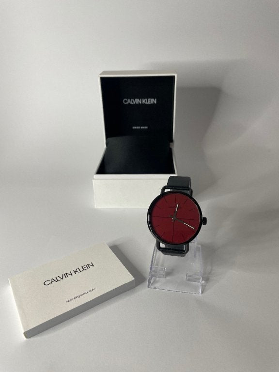 Calvin Klein Even Maroon Dial Black Leather Strap Watch for Men - K7B214CP