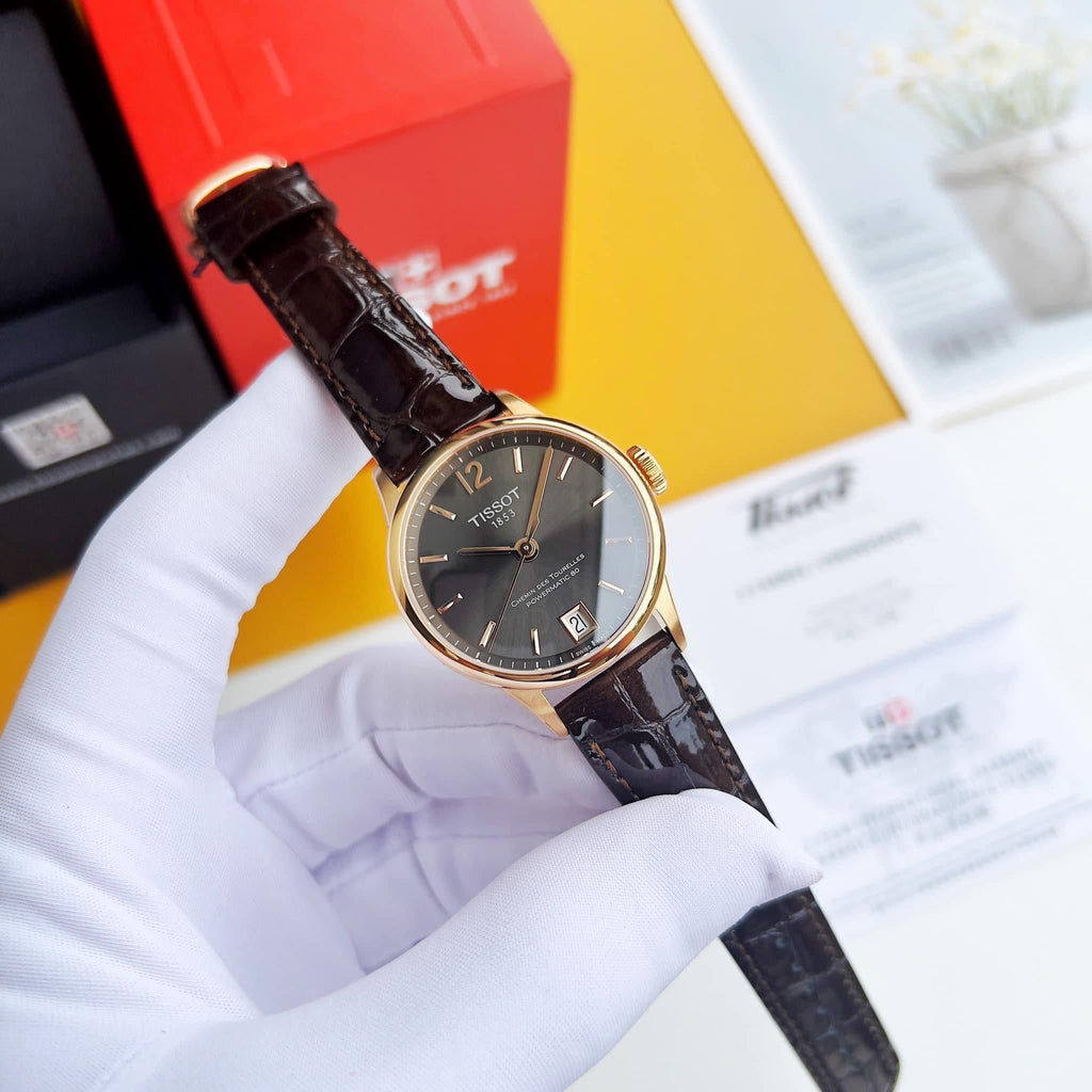 Tissot Chemin Des Tourelles Powermatic 80 Lady Brown Dial Brown Leather Strap Watch For Women - T099.207.36.447.00