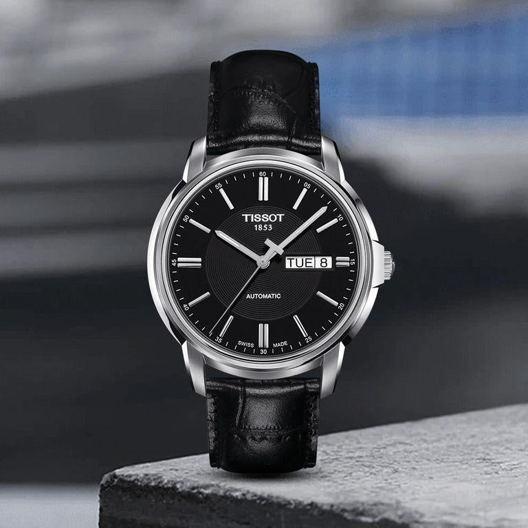 Tissot Automatics III Day Date Black Dial Black Leather Strap Watch For Men - T065.430.16.051.00