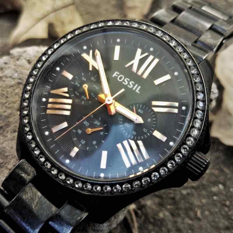 Fossil Cecile Multi Function Crystals Black Dial Black Steel Strap Watch for Women - AM4522