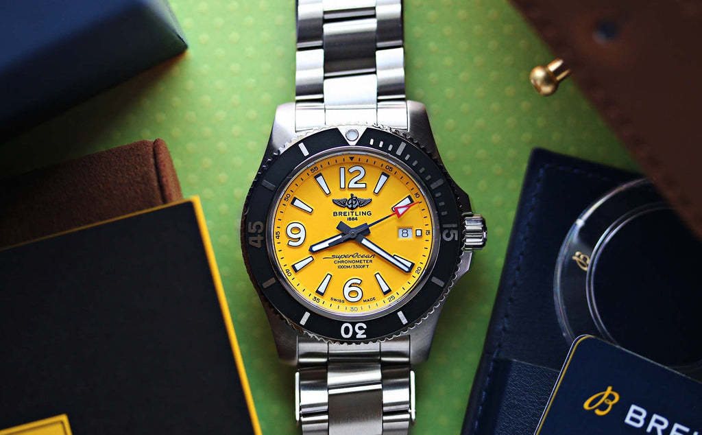 Breitling Superocean II Automatic 44mm Yellow Dial Silver Steel Strap Watch for Men - A17367021I1A1