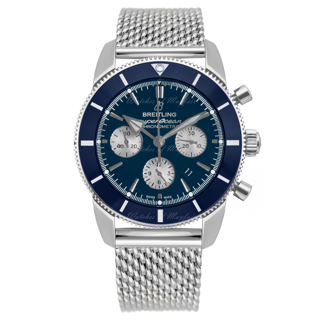 Breitling Superocean Heritage B01 Chronograph 44 Blue Dial Silver Mesh Bracelet Watch for Men - AB0162161C1A1