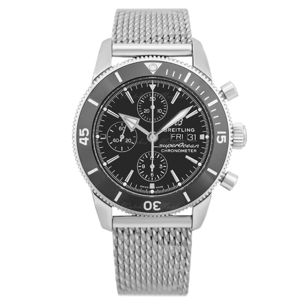 Breitling Superocean Heritage Chronograph 44 Black Dial Silver Mesh Bracelet Watch for Men - A13313121B1A1