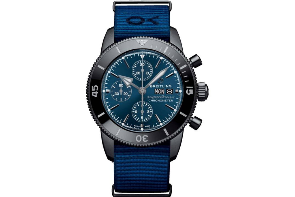 Breitling Superocean Heritage Chronograph 44 Outerknown Blue Dial Blue NATO Strap Watch for Men - M133132A1C1W1