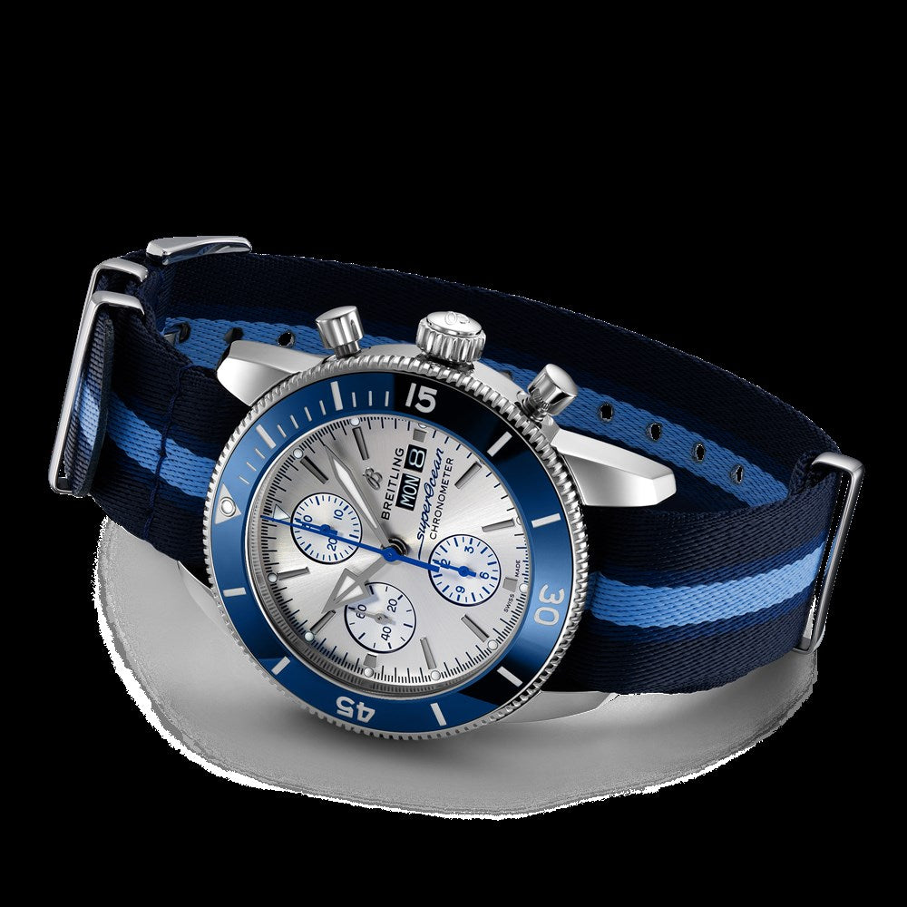 Breitling Superocean Heritage Chronograph 44 Ocean Conservancy Silver Dial Two Tone NATO Strap Watch for Men - A133131A1G1W1