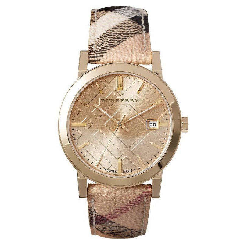 Burberry The City Gold Dial Haymarket Brown Leather Strap Watch for Women - BU9026