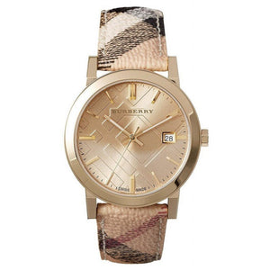 Burberry The City Gold Dial Haymarket Brown Leather Strap Watch for Women - BU9026