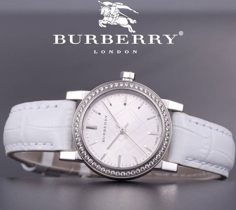 Burberry The City Diamonds Silver Dial White Leather Strap Watch for Women - BU9221