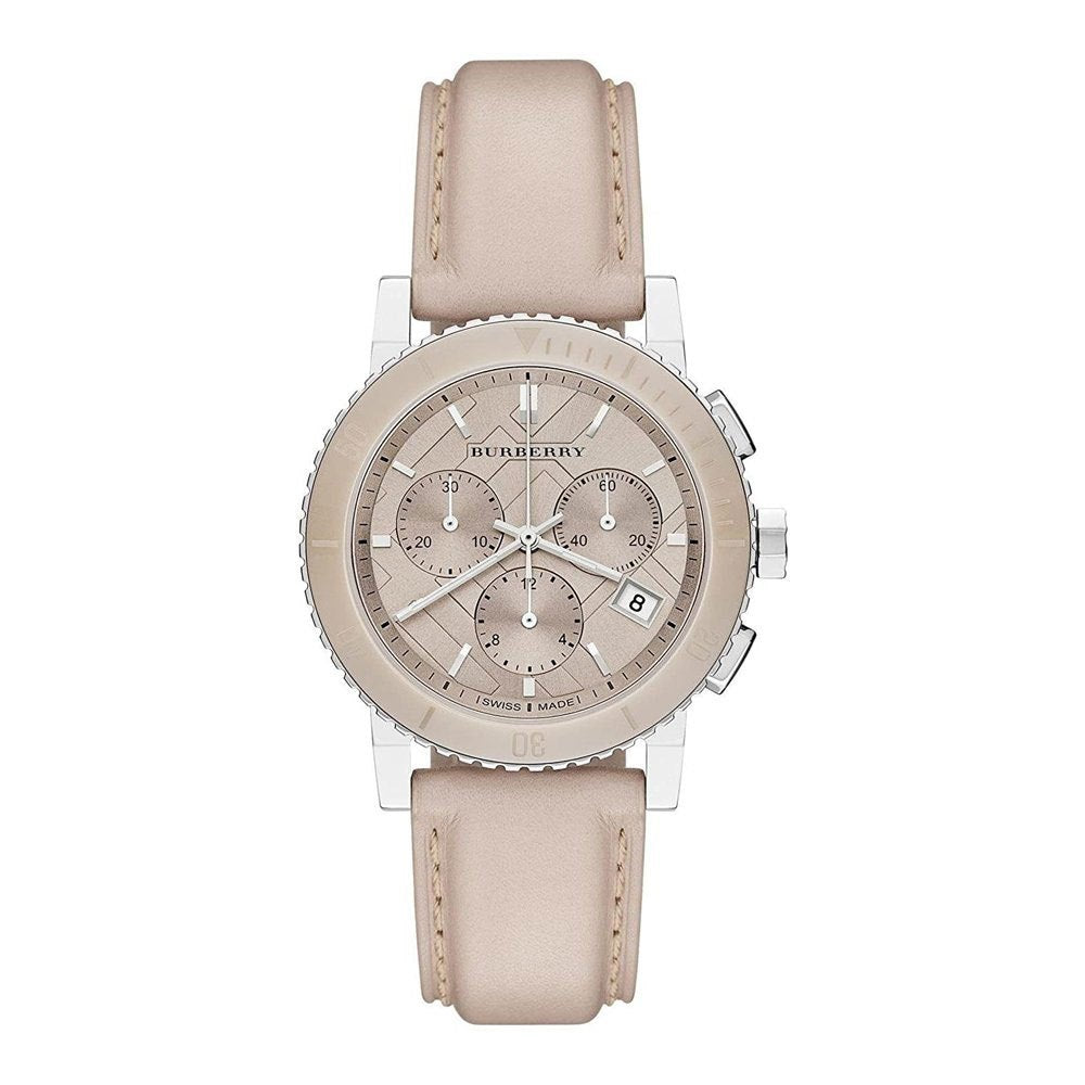 Burberry The City Chronograph Rose Gold Dial Beige Leather Strap Watch For Women - BU9702