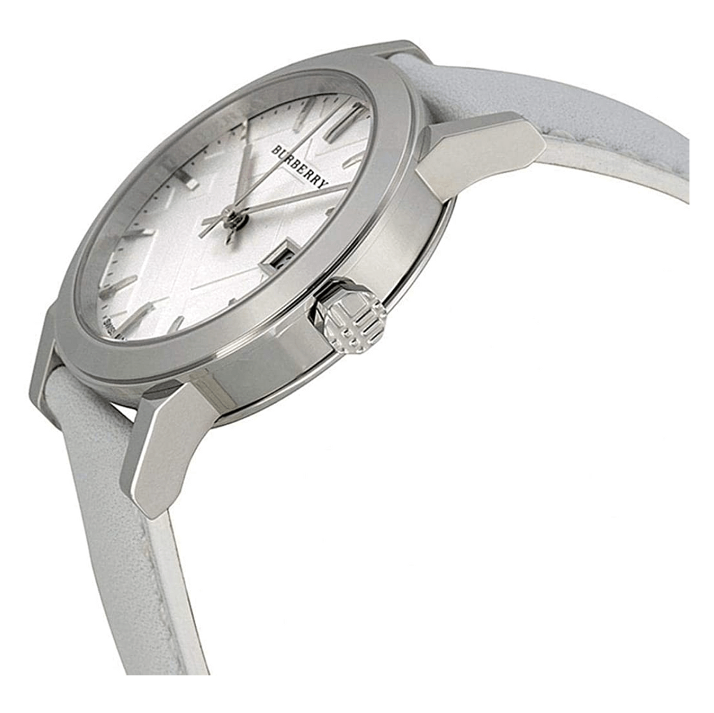 Burberry The City Silver Dial White Leather Strap Watch for Women - BU9019
