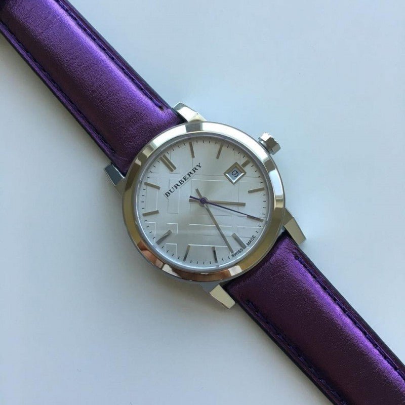 Burberry The City Silver Dial Purple Leather Strap Watch for Women - BU9122