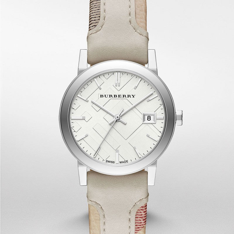 Burberry The City White Dial Beige Leather Strap Watch for Women - BU9132