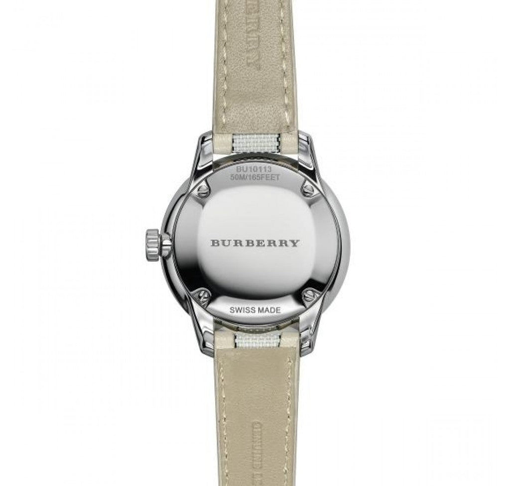 Burberry The Classic Guilloche Silver Dial Grey Leather Strap Watch for Women - BU10113