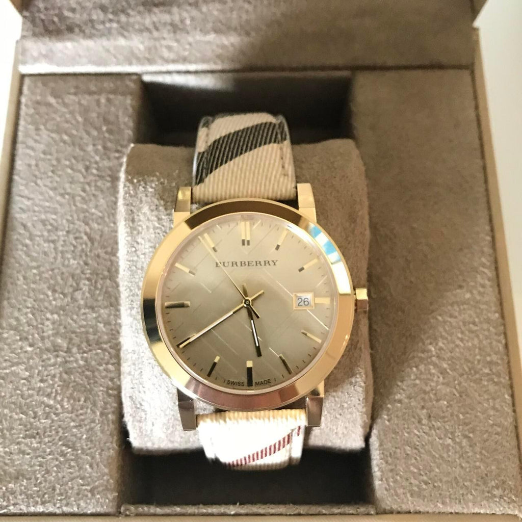 Burberry The City Gold Dial Haymarket Brown Leather Strap Watch for Women - BU9026