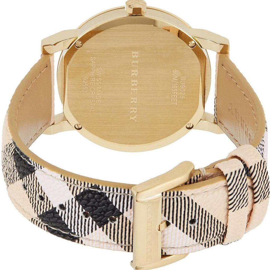 Burberry The City Gold Dial Haymarket Brown Leather Strap Watch for Women - BU9219