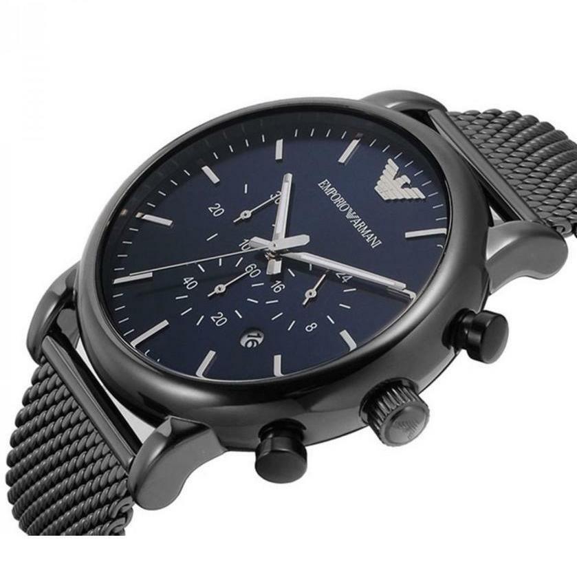 Emporio Armani Chronograph Blue Dial Gun Metallic Mesh Bracelet Watch For Men - AR1979