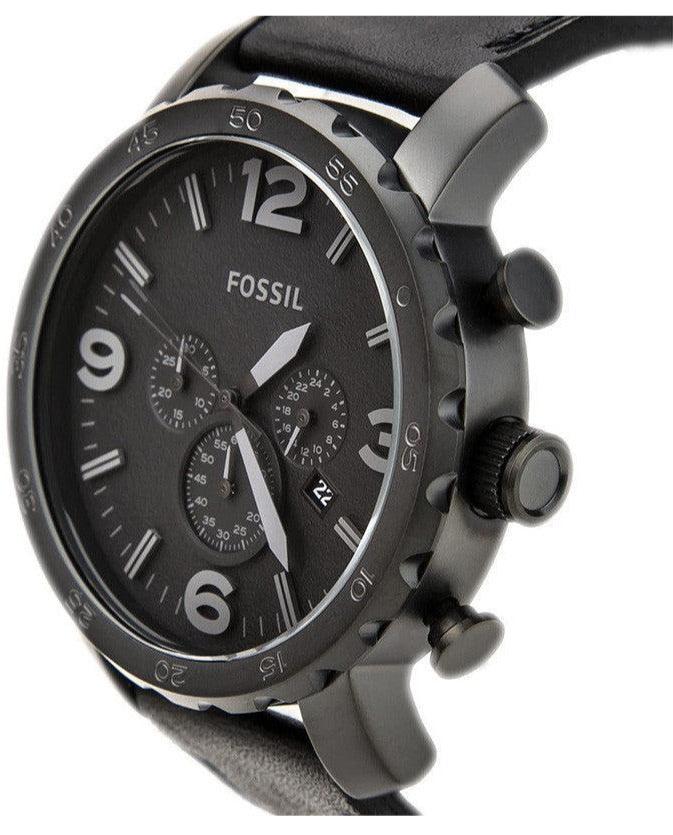 Fossil Nate Chronograph Black Dial Black Leather Strap Watch for Men - JR1354
