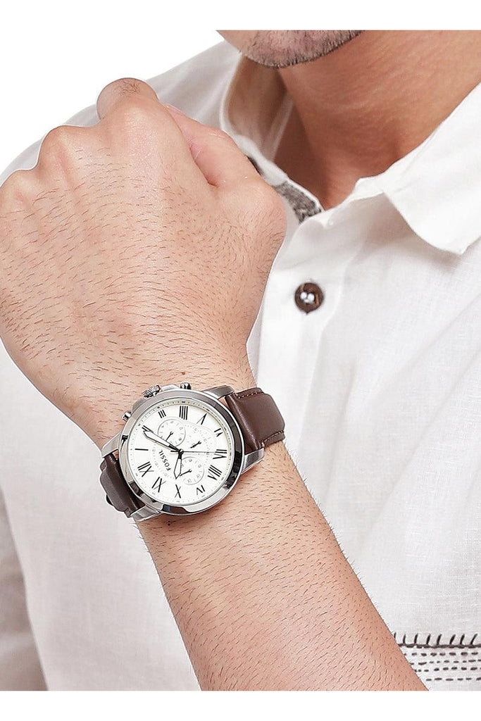 Fossil Grant Chronograph White Dial Brown Leather Strap Watch for Men - FS4735