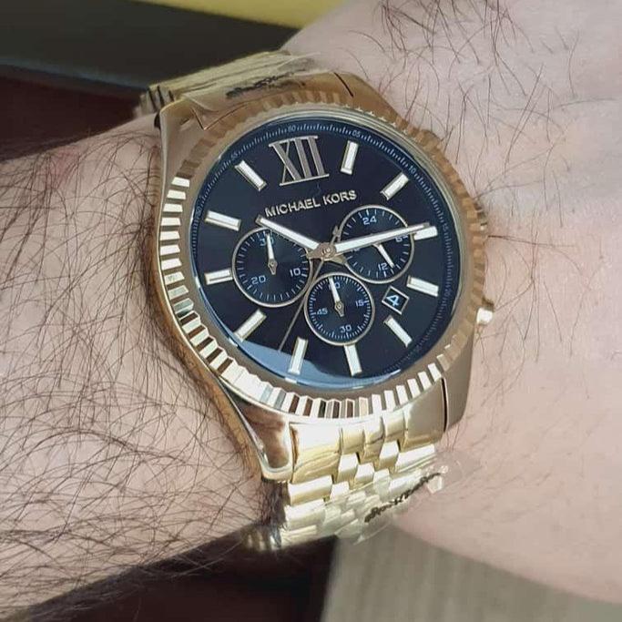 Michael Kors Lexington Chronograph Black Dial Gold Steel Strap Watch for Men - MK8286