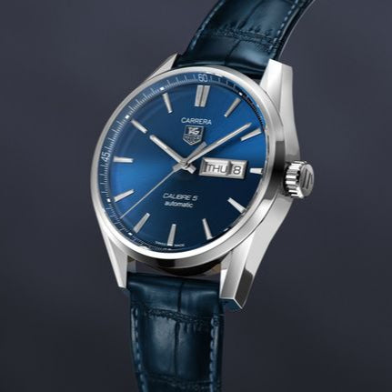 Tag Heuer Carrera Calibre 5 Automatic Blue Dial Blue Leather Strap Watch for Men - WAR201E.FC6292