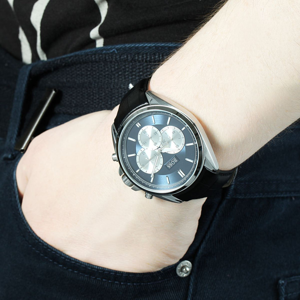 Hugo Boss Driver Blue Dial Black Leather Strap Watch for Men - 1512882