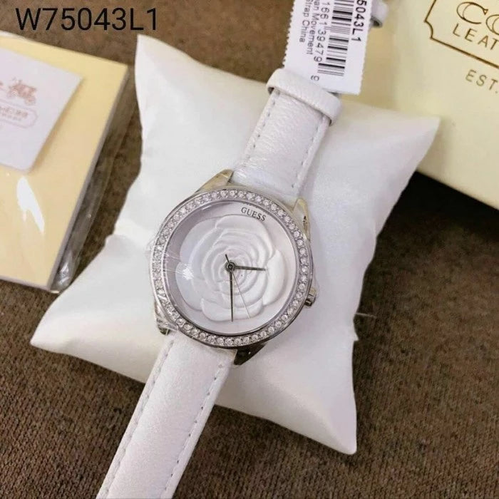 Guess Rosette Analog White Dial White Leather Strap Watch For Women - W75043L1