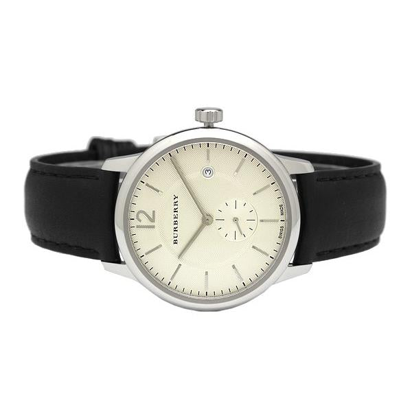 Burberry The Classic Horseferry Beige Dial Black Leather Strap Watch for Men - BU10000