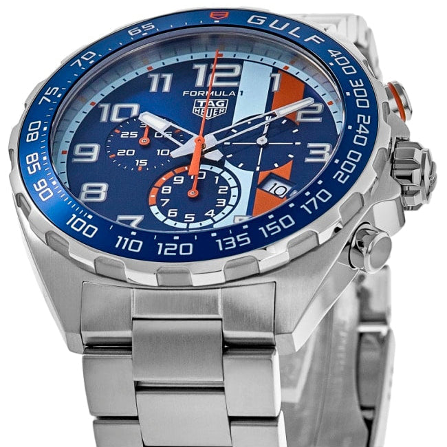 Tag Heuer Formula 1 Gulf Edition Chronograph Blue Dial Silver Steel Strap Watch for Men - CAZ101AT.BA0842