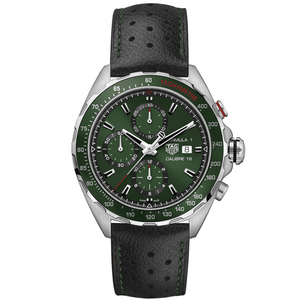 Tag Heuer Formula 1 Calibre 16 Automatic Chronograph Green Dial Black Leather Strap Watch for Men - CAZ2016.FC6473