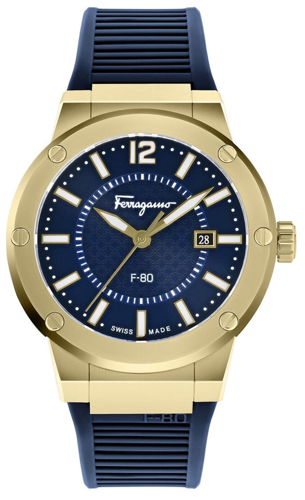 Salvatore Ferragamo F-80 Classic Blue Dial Blue Rubber Strap Watch for Men - SFHY02822