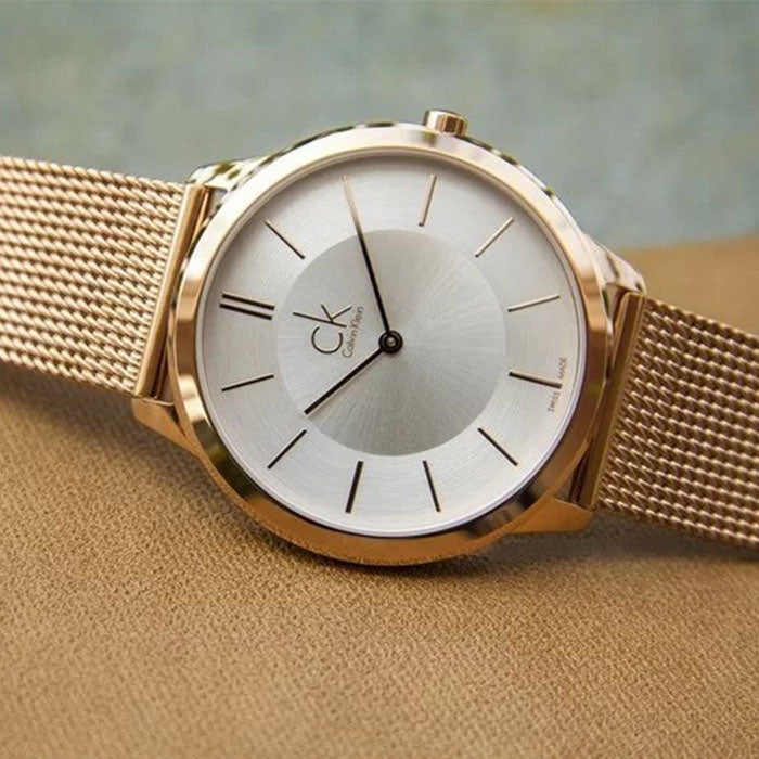 Calvin Klein Minimal White Dial Rose Gold Mesh Bracelet Watch for Men - K3M21626