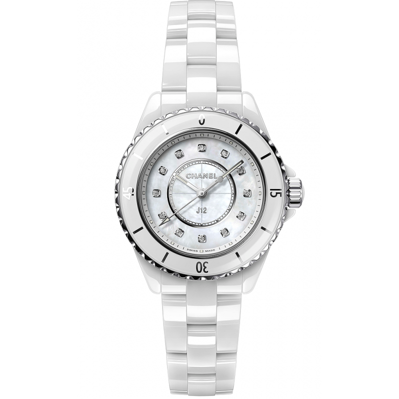 Chanel J12 Diamonds Mother of Pearl White Dial White Steel Strap Watch for Women - J12 H5704