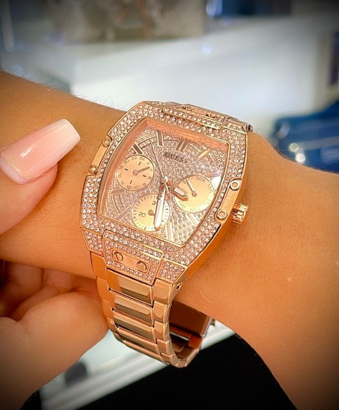 Guess Raven Diamonds Rose Gold Dial Rose Gold Steel Strap Watch for Women - GW0104L3